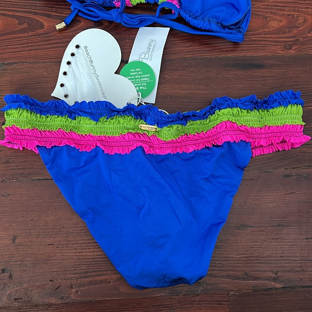 Adorable Blue with Green and Pink Ruffles Bikini Gold Hardware NWT S - Picture 10 of 12